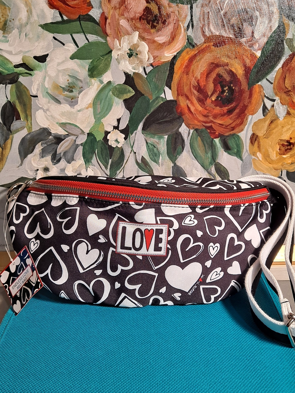 Brighton ENDLESS LOVE Heart Print Belt Bag - Black White Red Graphic Streetwear